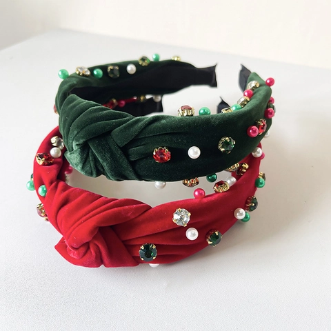 Christmas Headband Velvet Knotted Wide Hairband With Faux Artificial Pearls Rhinestones Festive Print Holiday Party Decor For Women