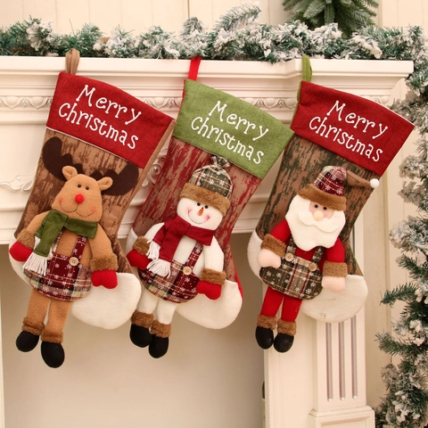 Christmas Stocking Large 3D Santa Snowman Reindeer Hanging Legs Plaid Polyester Plush Holiday Fireplace Decoration