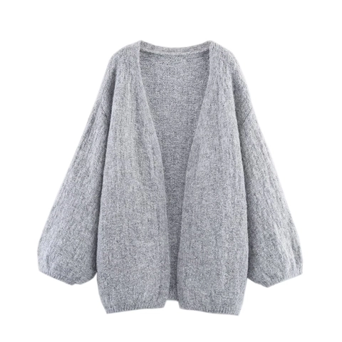Women's Loose Knit Cardigan Mid-Length Open Front Sweater Coat Drop Shoulder Lantern Sleeve Soft Solid Color Streetwear