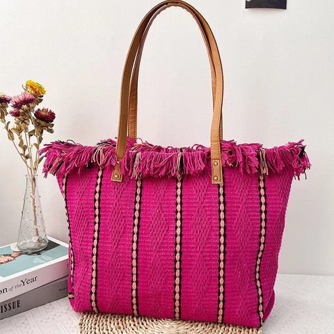 Large Woven Cotton Tote Bag For Women With Tassels Vertical Stripes Beach Travel Shoulder Bag Faux Leather Straps