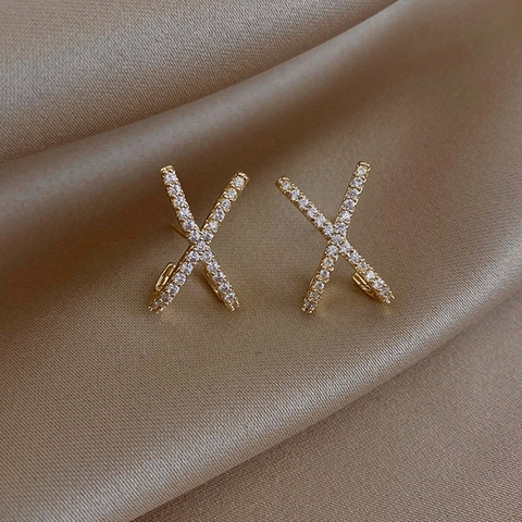 Criss Cross X Stud Earrings Alloy Zircon Gold Plated Minimalist Geometric Elegant Style For Women