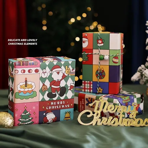 Christmas Gift Wrapping Paper Kraft Paper Holiday Present Decoration Cartoon Santa Claus Reindeer Patterns Festive DIY Wrapping