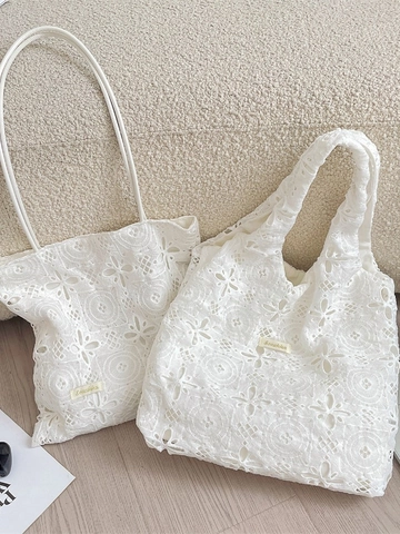 Bolso Tote De Encaje Bordado Para Mujer Verano Pastoral Calado Floral Bolso De Hombro Blanco Gran Capacidad Elegante