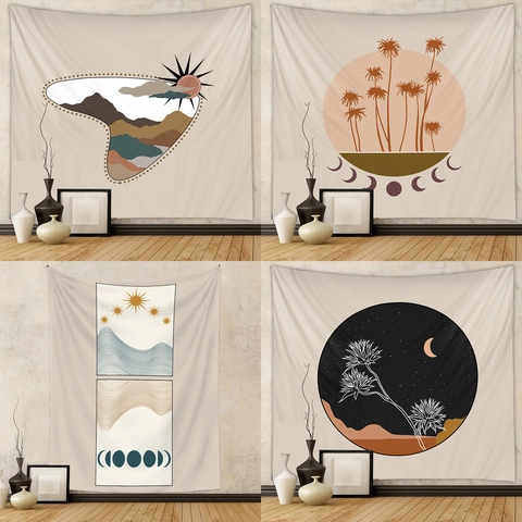 Böhmischer Wandteppich Polyester Abstrakt Sonne Mondphase Berg Kunst Wandbehang Modern Minimalist Dekor