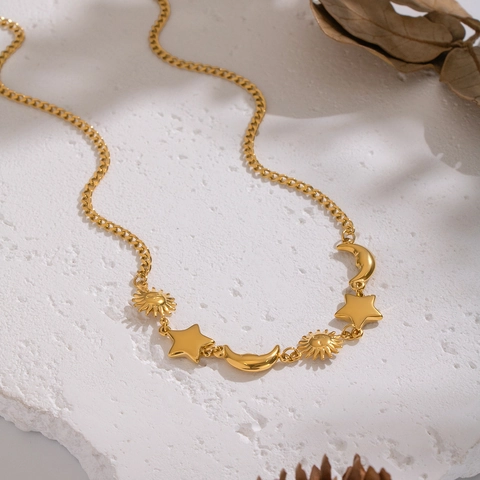 Sonne Mond Sterne Anhänger Halskette 18K Vergoldet 304 Edelstahl Wasserdicht Hypoallergen Vintage INS Stil Für Frauen