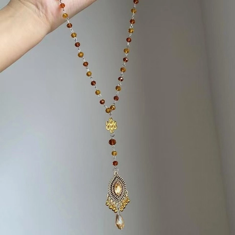 Vintage Ethnische Lange Perlenhalskette Mit Künstlichem Kristall Chinesischem Knoten Legierung Hohl Wassertropfen Anhänger Für Frauen