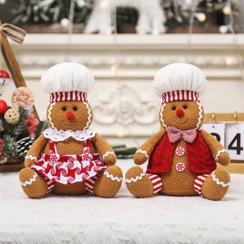 Pluche Pop Kerstman Gemberkoek Man Koksmuts Gebreid Vest Rok Kerstversiering Stoffen Koppel Figuren Huis Decoratie