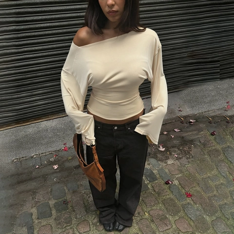 Top De Mujer Sexy Ajustado Con Cuello En V Manga Larga Color Sólido Hombros Descubiertos Punto Poliéster Otoño Invierno