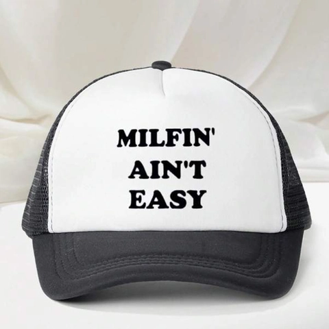 Milfin' Ain't Easy Print Trucker Hat Mesh Cap Adjustable Breathable Curved Brim Polyester Sun Hat Streetwear