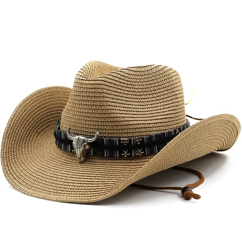 Western Cowboy Straw Hat Paper Woven Wide Brim Sun Protection Outdoor Beach Vacation Ethnic Bull Head Ornament For Men Women