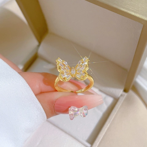 Elegant Butterfly Adjustable Ring For Women Gold Plated Brass With Micro Pave Cubic Zirconia Fashion Jewelry Gift