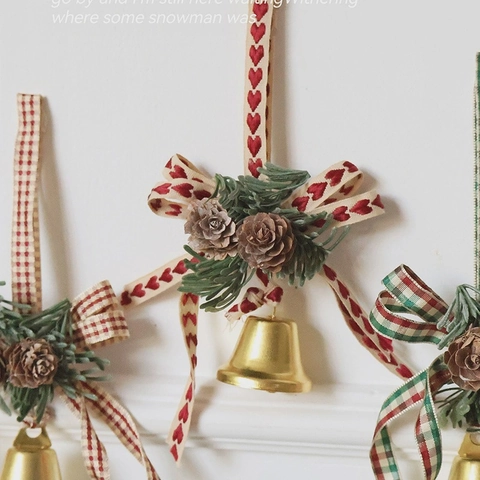 Christmas Hanging Bell Ornament With Natural Pine Cone Artificial Pine Needle Metal Gold Bell And Plaid Ribbon Bow