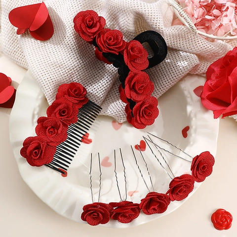 Elegante Rote Stoffrosen Blumen Haarschmuck Für Frauen Hochzeit Party Braut Haarklammern Kämme Nadeln Mode