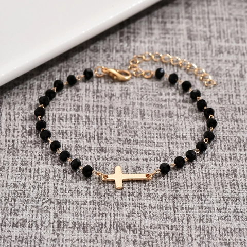 Bracciale Di Perle Sfaccettate Nere Con Ciondolo Cuore Croce Quadrifoglio In Acciaio Inossidabile Gioielli Di Moda Semplici Per Uomo Donna