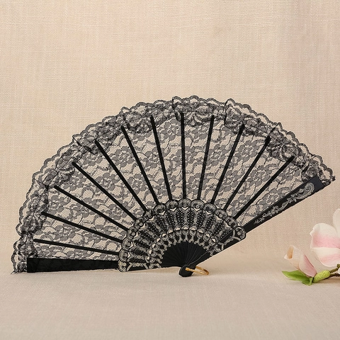 Elegant Vintage Lace Folding Hand Fan With Plastic Gold Pattern Ribs For Wedding Dancing Party Chinese Style Performance