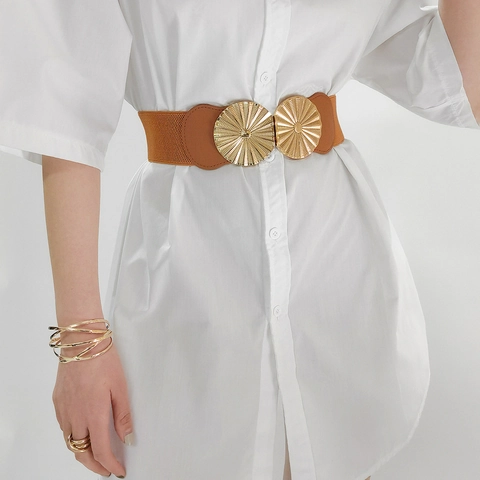 Cintura Elastica Larga da Donna Con Fibbia Dorata Rotonda Vintage a Raggiera Corsetto alla Moda per Abiti e Cappotti