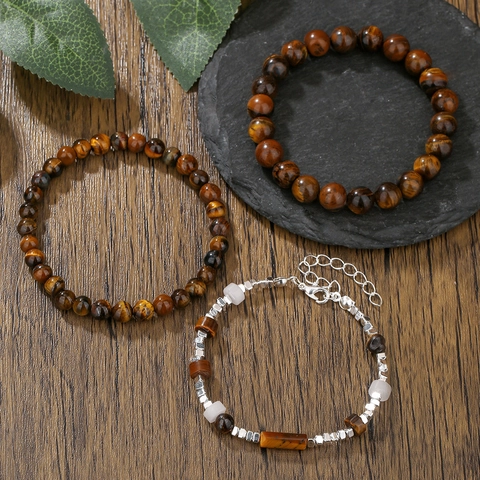 Tiger Eye Hematite Lava Stone Beaded Bracelets For Men Retro Elastic Natural Stone Jewelry Niche Design Accessory