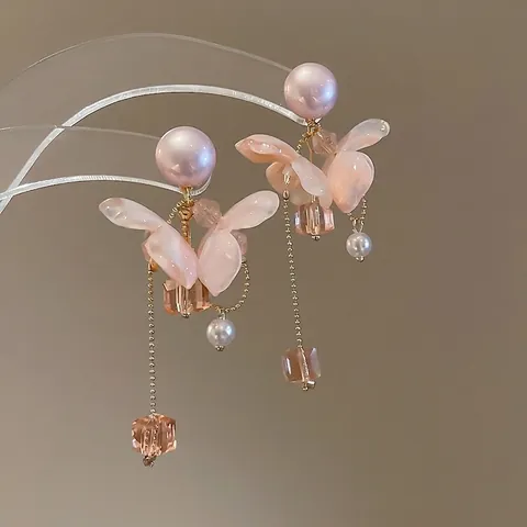 Blumen Quaste Künstliche Perlen Ohrringe Lange Acryl Blütenblätter Mit 925 Sterling Silber Ohrstecker Für Damen Eleganter Schmuck
