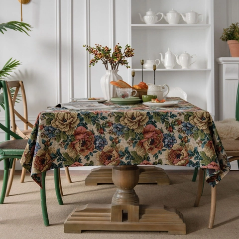 Amerikanische Vintage Jacquard Blumen Tischdecke Polyester Baumwollmischung Dicke Tischdecke Für Esszimmer Dekoration
