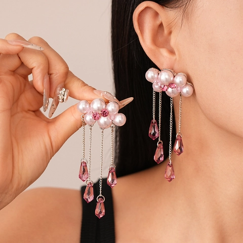 Rosa Wolke Quasten Ohrhänger Mit Imitationsperle Kristall Legierung Und Silver Earring Post Für Damen Süß Elegant