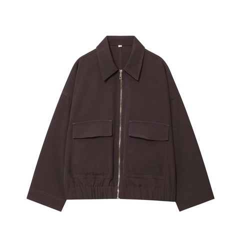 Chaqueta Con Cremallera Para Mujer Poliéster Solapa Manga Larga Informal Color Sólido Ropa De Abrigo Cargo Con Bolsillos Dobladillo Elástico
