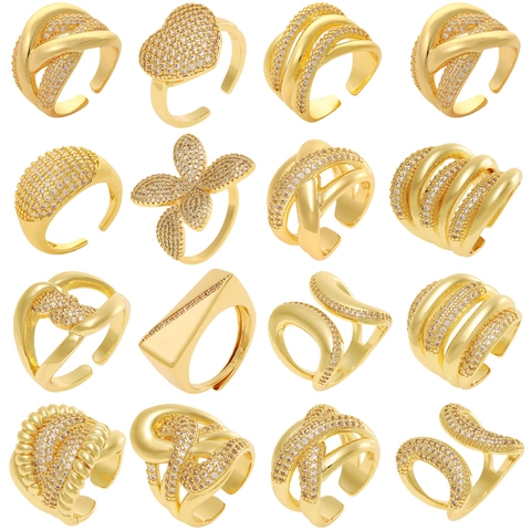 Minimalist Copper Zirconia Open Ring For Women Fashion Gold Plated Geometric Adjustable Finger Ring Jewelry Gift