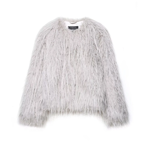 Women Faux Fur Coat Round Neck Long Sleeve Warm Winter Jacket Solid Color Elegant Outerwear Streetwear