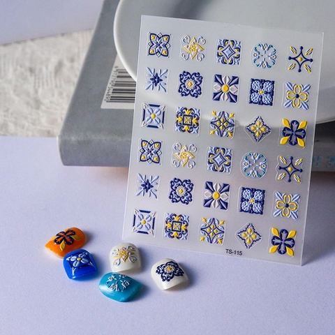 Pegatinas Para Uñas Relieve 5D Estereoscópicas Patrones Azulejos Mediterráneos Bohemios Geométricos Florales Autoadhesivas