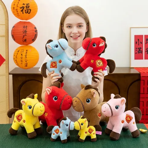 Fortune Horse Plush Toy New Year Mascot Soft Short Plush Animal Doll With Embroidery Decoration Gift For Kids Adults