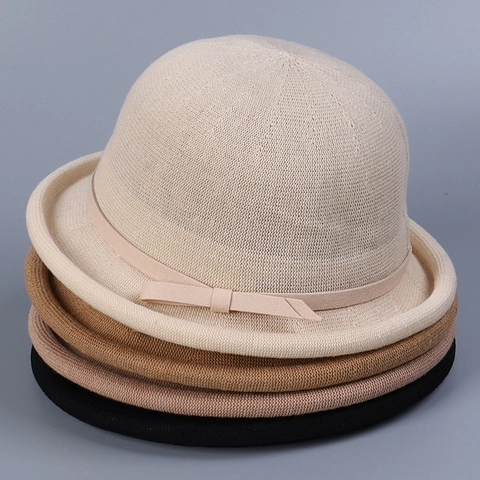 Vintage Knit Cloche Hat Women Round Top Short Brim Roll Edge Breathable Elegant Bow Ribbon Fedora