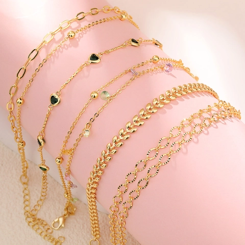 Light Luxury Gold Plated Copper Bracelet With Emerald Green Zirconia Heart Double Layer Wheat Ear Chain Bracelet For Women