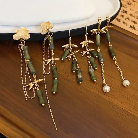 Long Tassel Drop Earrings Copper Natural Stone Artificial Pearl Bamboo Section Design Chinese Vintage Style Women Silver Earring Post