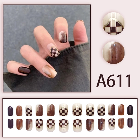 Coffee Brown Checkerboard Marble Short Press On Nails Retro Ins Style Detachable Fake Nails For Women Manicure