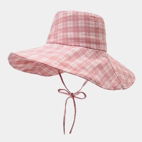 Plaid Wide Brim Bucket Hat Polyester Sun Protection Adjustable Chin Strap Outdoor Beach Summer Travel Sun Hat For Women