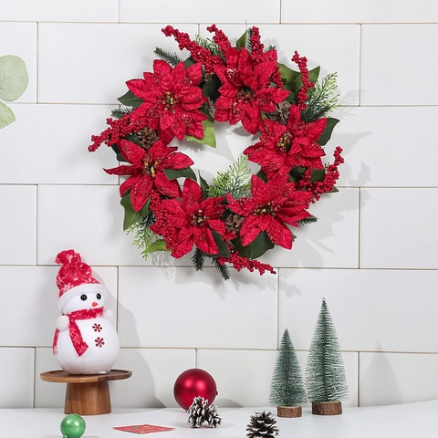 Artificial Christmas Wreath With Red Poinsettia Berries Pine Cones For Front Door Holiday Home Decor Ornament