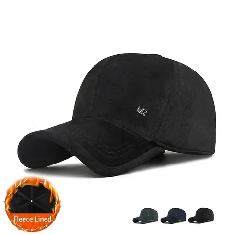 Men Winter Baseball Cap Fleece Lined Thickened Warm Windproof Adjustable Metal Logo Business Casual Outdoor Peaked Hat