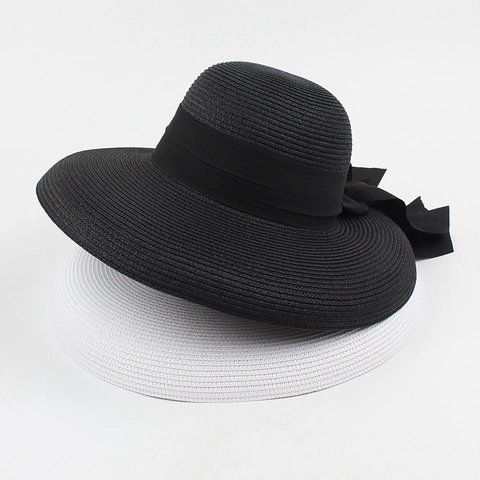 Women Straw Sun Hat Wide Brim Foldable Paper Straw Summer Beach Hat With Bow Ribbon Adjustable Elegant Vintage Style