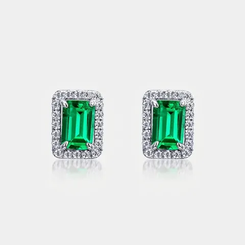 S925 Sterling Silver Synthetic Emerald Stud Earrings Geometric Retro Luxurious Rhinestone Inlaid Green Gemstone For Women