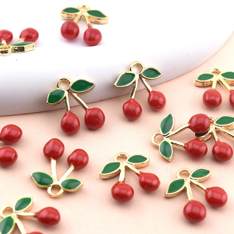 Cute Alloy Cherry Fruit Pendant DIY Enamel Food Charms For Necklace Earring Hair Accessory Jewelry Making Findings