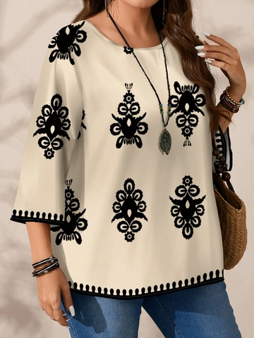Plus Size Women Blouse Ethnic Tribal Print Round Neck Three Quarter Sleeve Loose Fit Elegant Pullover Polyester Top