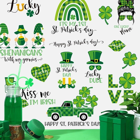 Autocollants Muraux Saint-Patrick PVC Gnomes Trefle Stickers Fenetre Festival Irlandais Decoration Maison