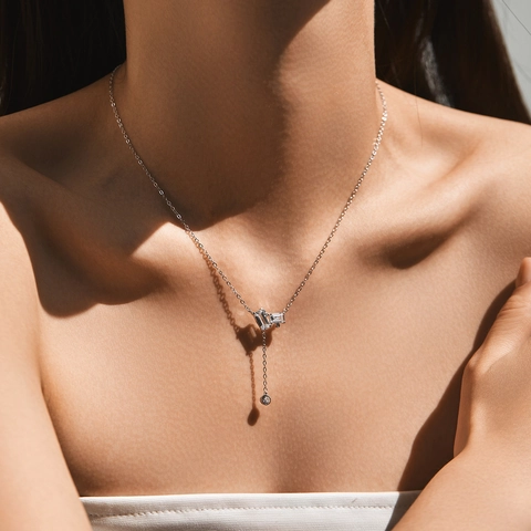 925 Sterling Silver Y Necklace Emerald Cut Geometric Cubic Zirconia Pendant Adjustable Lariat Elegant Jewelry For Women