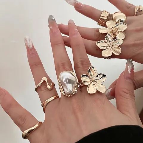Floral Alloy Rings With Imitation Artificial Pearl Zircon Irregular Texture Open Design Fashion Jewelry For Women Elegant Gold Silver