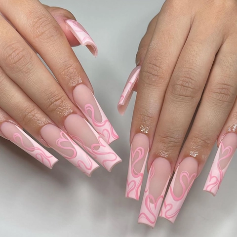 Uñas Postizas Press On Largas Ataúd Diseño Corazón Rosa Línea Francesa Estilo Dulce Para Manicura DIY