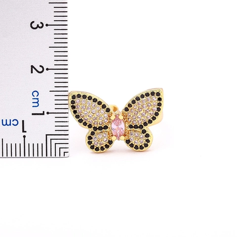 18K Vergoldeter Kupfer Schmetterling Offener Ring Für Damen Eingelegte Pink Schwarz Zirkonia Verstellbarer Fingerring Schmuck Geschenk