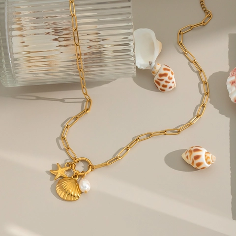 Collar De Pendiente Estrella De Mar Concha Perla Artificial Acero Inoxidable Chapado En Oro 18K Joyería De Playa Verano