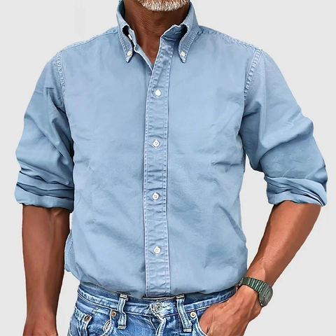 Camicia Casual da Uomo in Misto Cotone Minimalista Manica Lunga Revers Button Down Traspirante Patchwork Tinta Unita