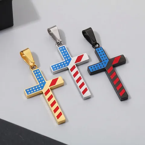 Collar Colgante Cruz Bandera Americana Acero Inoxidable Estrellas Y Rayas Joyería Esmalte Para Hombre Mujer Estilo Hip Hop Patriótico