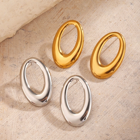 Geometric Oval Stud Earrings Stainless Steel Hollow Exaggerated Hip Hop Punk Style Polished For Women