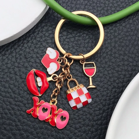 Porte-clés En Alliage De Zinc Émaillé Lèvres Rouges Cœur Sac À Main Verre De Vin XOXO LOVE Charmes Pendentif De Sac Saint-Valentin
